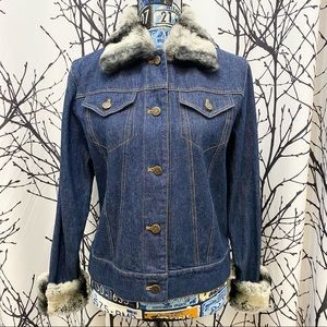 Adrienne Landau Women’s Denim Rabbit Fur Trimmed Jean Jacket Blue Size Medium